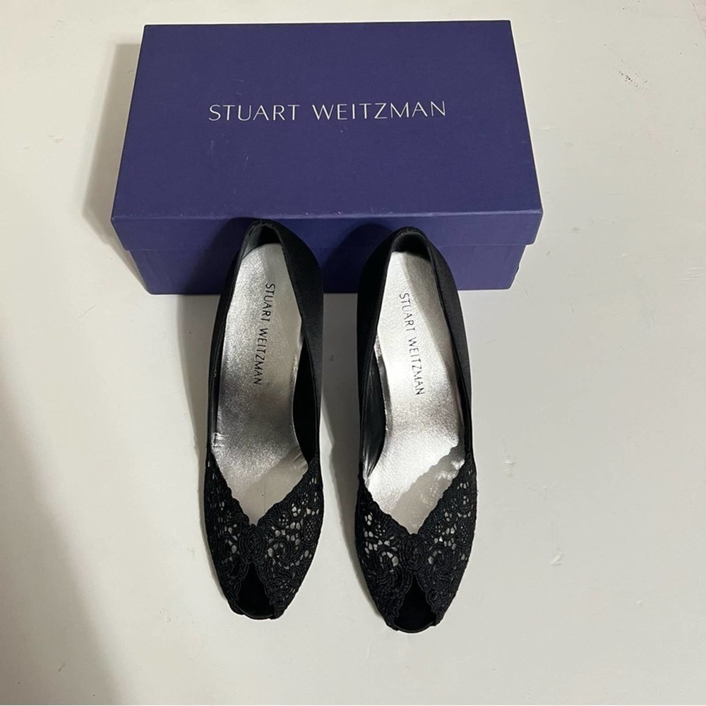 Stuart Weitzman Black Lace Peep Toe Heels - Picture 4 of 12
